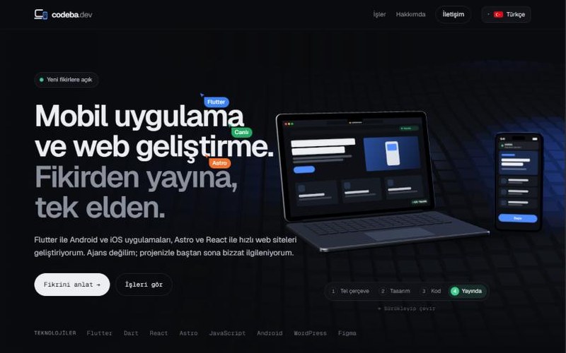 codeba.dev ana sayfası: 3D laptop ve telefon sahnesi